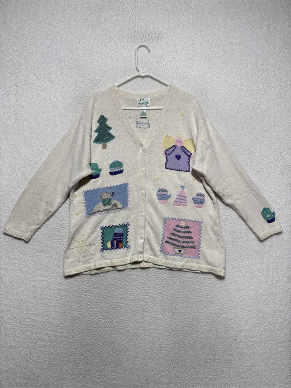 VTG Quacker Factory Cream Christmas Cardigan Sweater Beaded Women’s Size 2XL